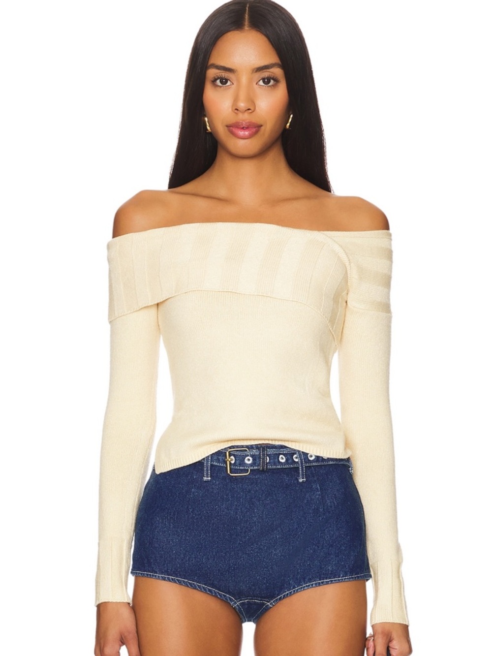 More to Come Effie Off-the-Shoulder Cream Knit Sweater in Toast